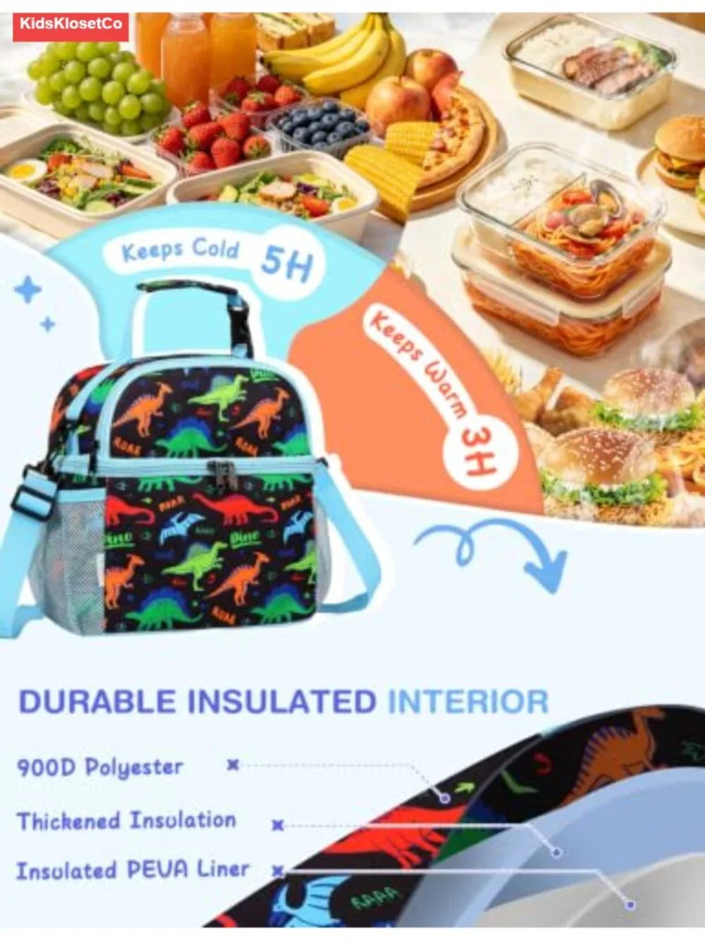 Insulated Kids Lunch Bag Double Compartment Water-Resistant Polyester Cooler